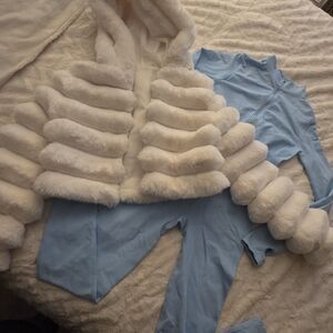 Women's White and Blue Faux Fur Jacket